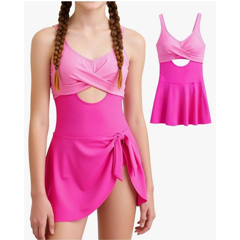 Pink Two Tone Cutout Swim Dress Girls One Piece Swimsuit Size 15-16Y